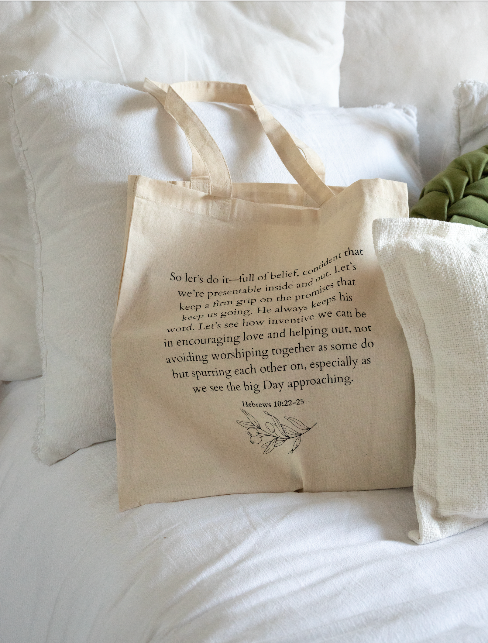 Tote Bag with Black Text "Hebrews 10:22-25"